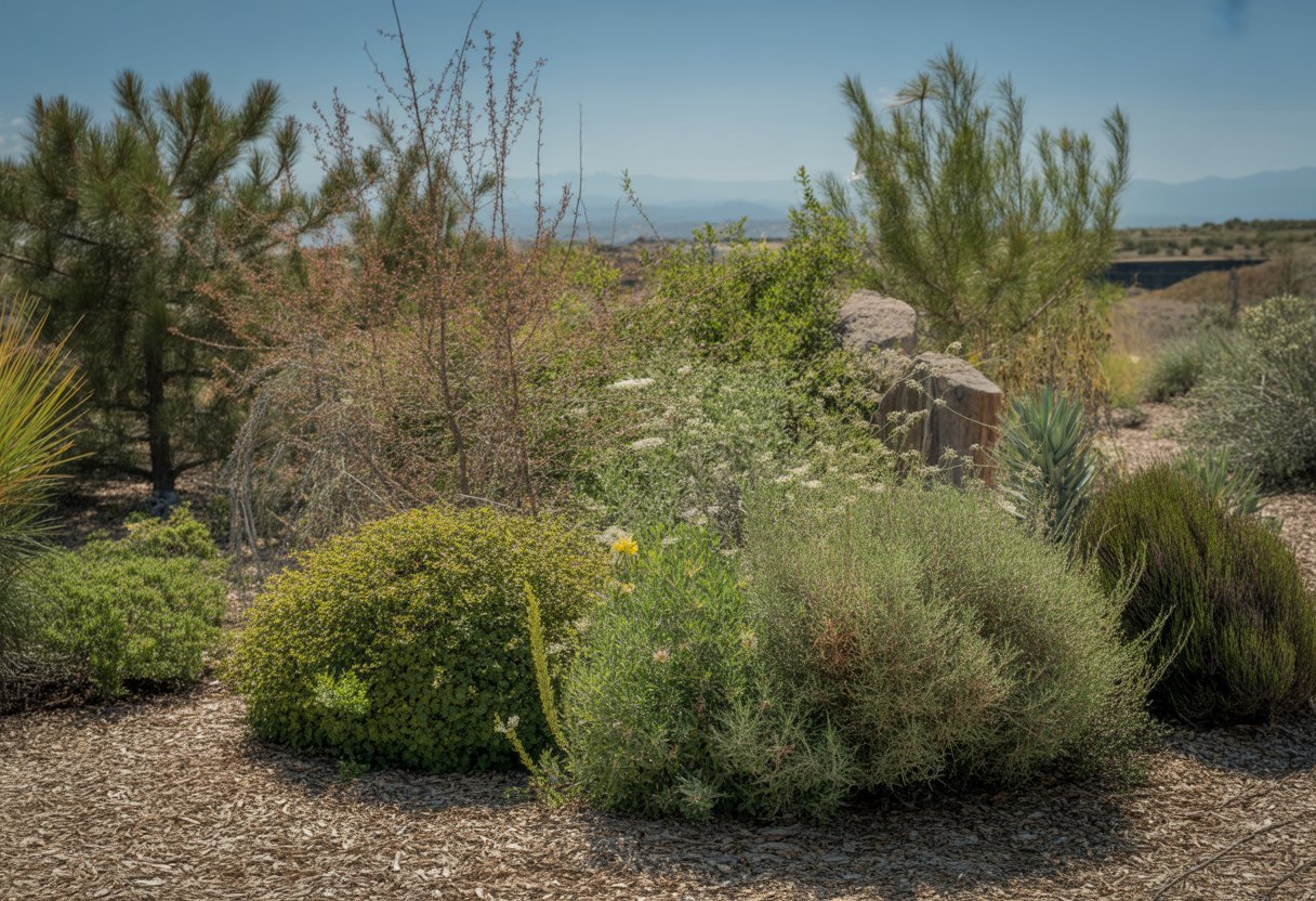 A garden with low maintenance native plants typical of Colorado, featuring shrubs, wildflowers, and grasses with mountains in the background under a clear sky.