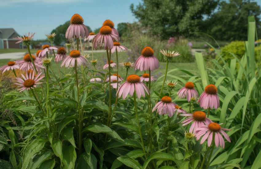 A landscaped garden in Wisconsin with blooming purple echinacea flowers and green foliage under a clear blue sky.