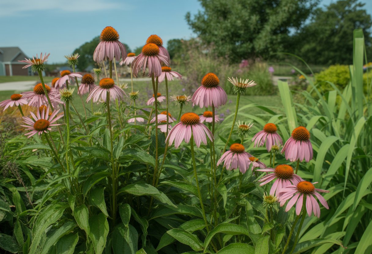 A landscaped garden in Wisconsin with blooming purple echinacea flowers and green foliage under a clear blue sky.