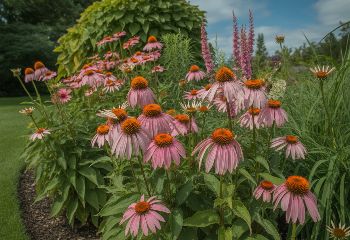 A garden in Wisconsin with blooming purple coneflowers surrounded by green plants under a clear blue sky.