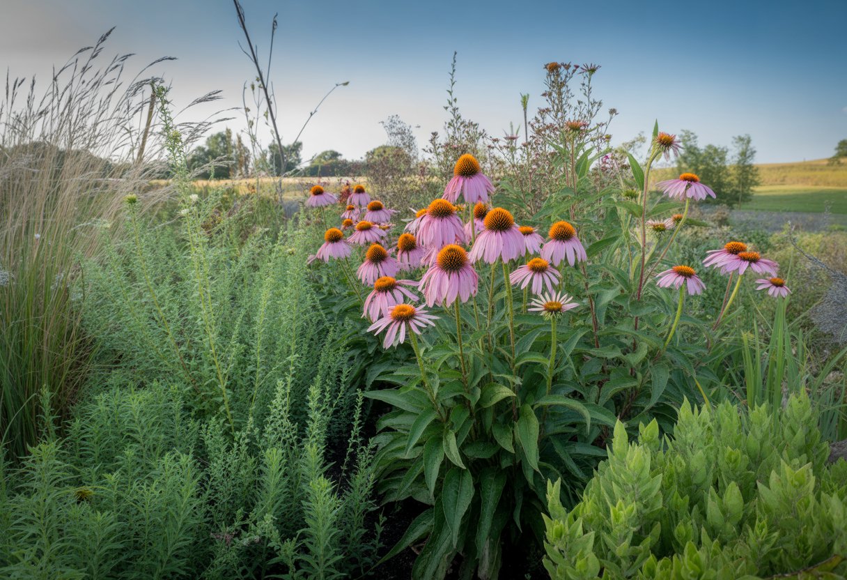 A vibrant garden of purple coneflowers and native plants with green foliage under a clear blue sky.