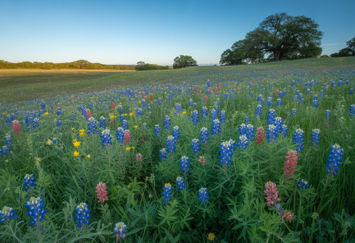 A colorful wildflower meadow in Texas with bluebonnets and other native flowers under a clear blue sky.