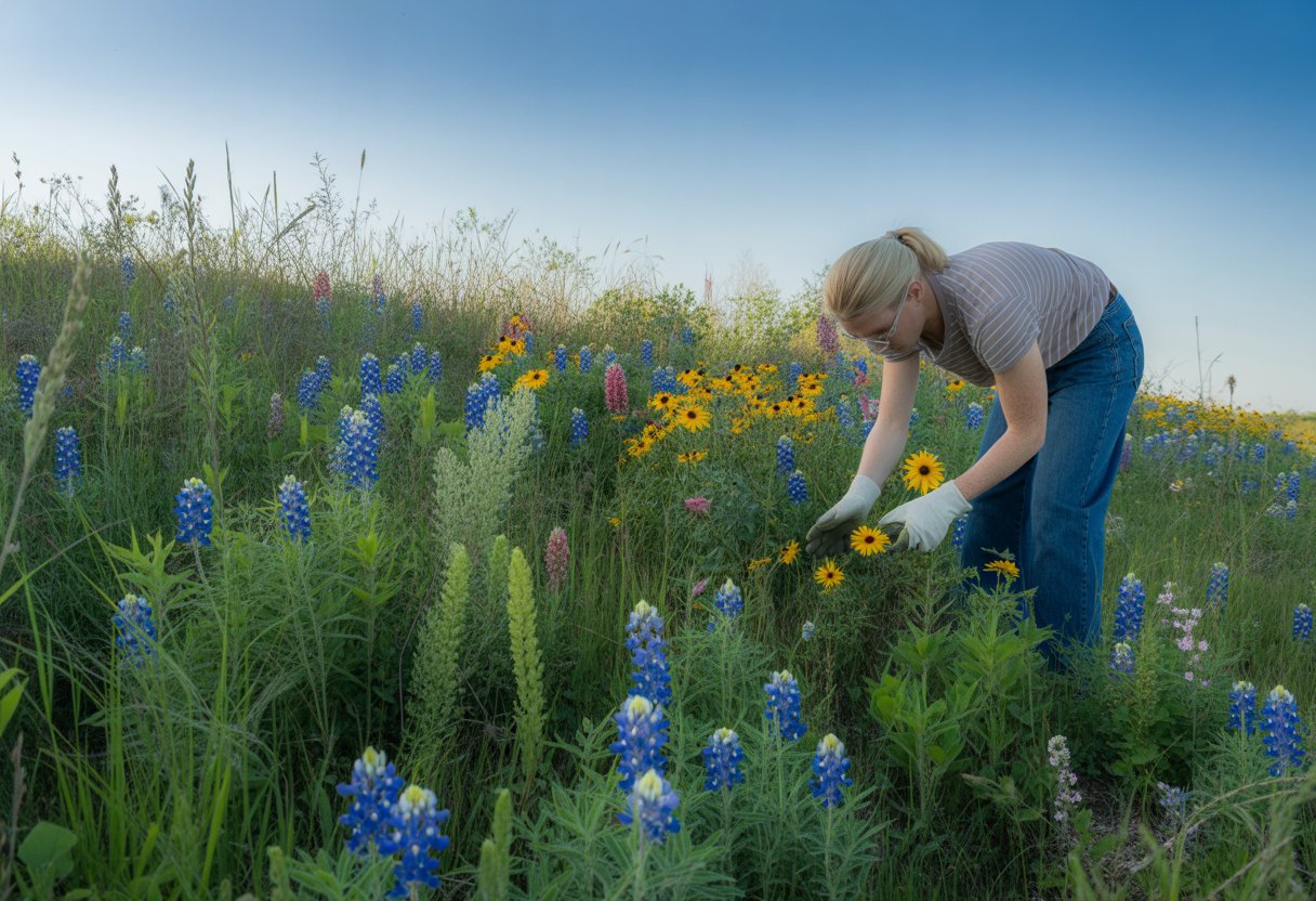 A person tending to a colorful wildflower meadow filled with bluebonnets and other flowers under a clear blue sky.
