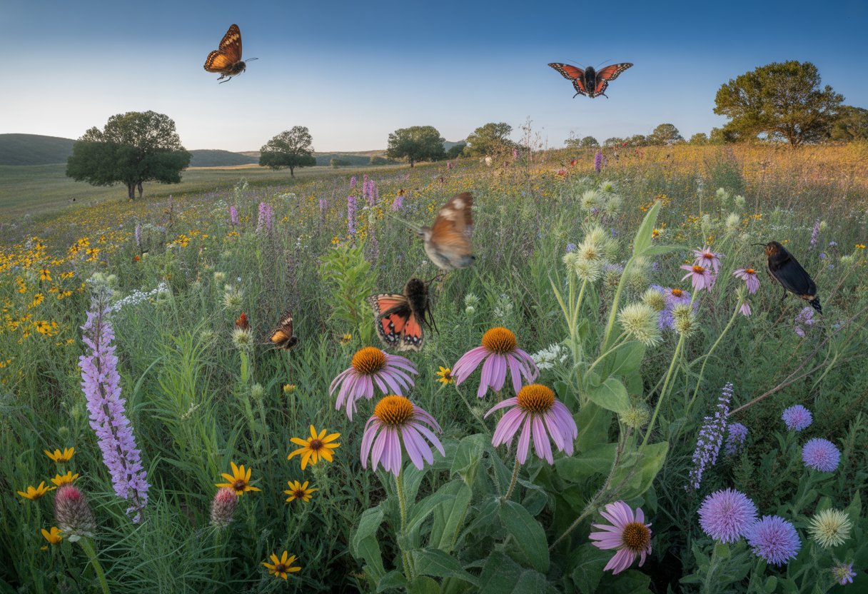 A colorful wildflower meadow in Texas with butterflies, bees, and birds among diverse blooming flowers and native trees.