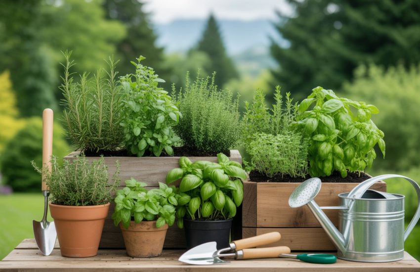 A small outdoor herb garden with various green herbs growing in wooden beds and pots, surrounded by trees and gardening tools on a wooden table.