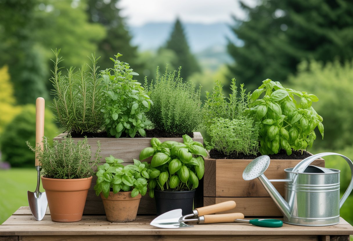 A small outdoor herb garden with various green herbs growing in wooden beds and pots, surrounded by trees and gardening tools on a wooden table.