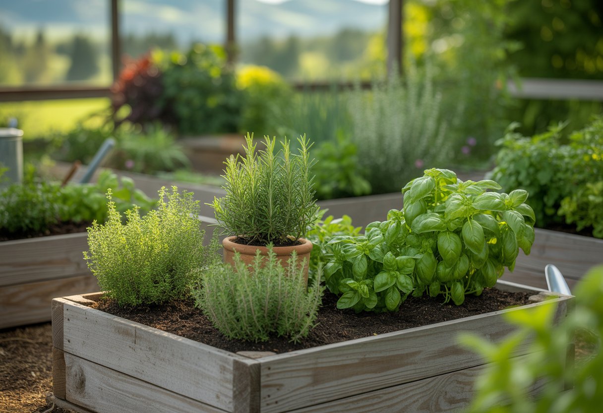 A thriving herb garden with various herbs growing in raised beds outdoors in Oregon, surrounded by greenery and gardening tools.