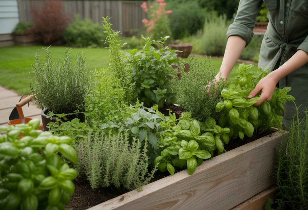 A vibrant outdoor herb garden with various herbs growing in raised wooden beds and a gardener's hand touching the plants.