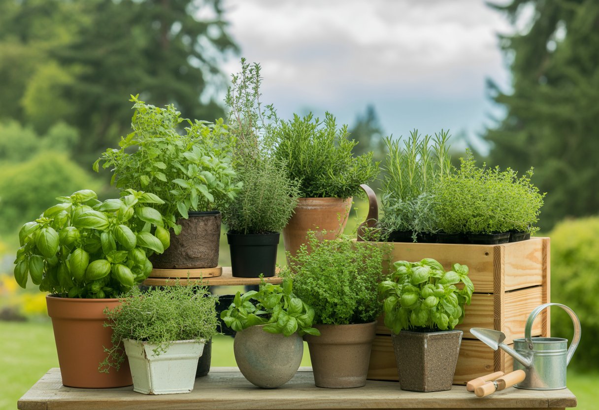 A variety of healthy potted herb plants arranged on a wooden table outdoors with gardening tools nearby and evergreen trees in the background.