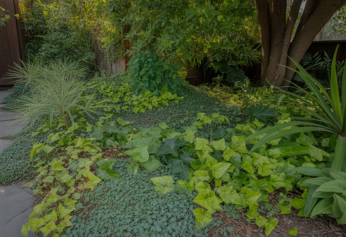 A shaded garden area in California with various green ground cover plants growing under tall trees.
