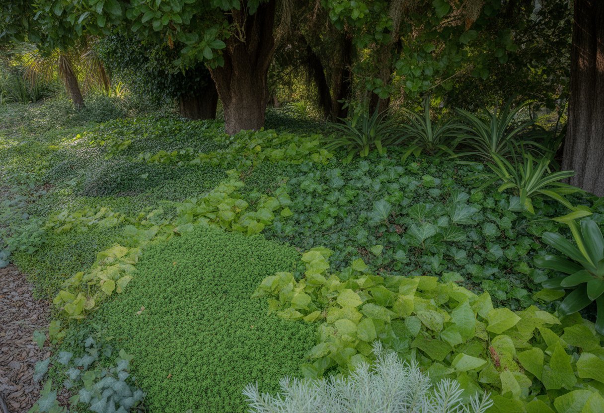 A shaded garden area with various green ground cover plants growing beneath tall trees in California.