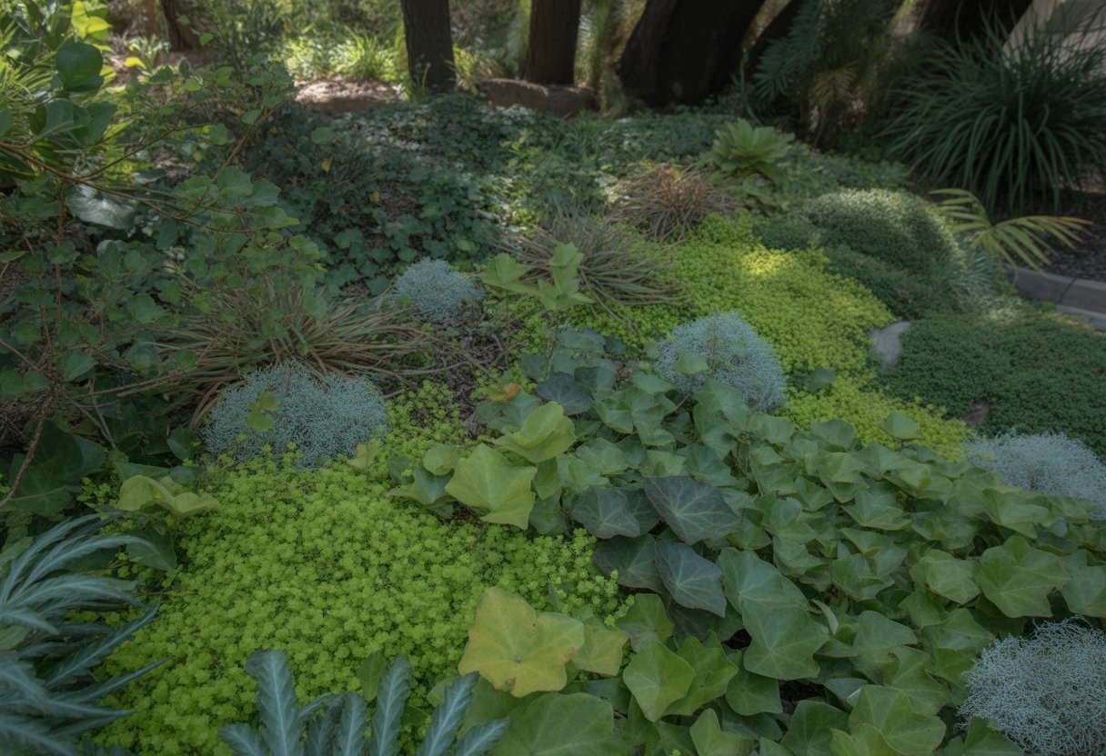 A shaded garden area in California with various green ground cover plants growing under tall trees.