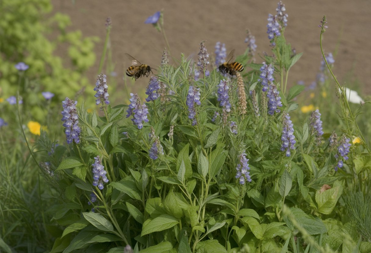 A garden with blooming purple and blue false indigo plants surrounded by native wildflowers, bees, and butterflies under a clear sky.