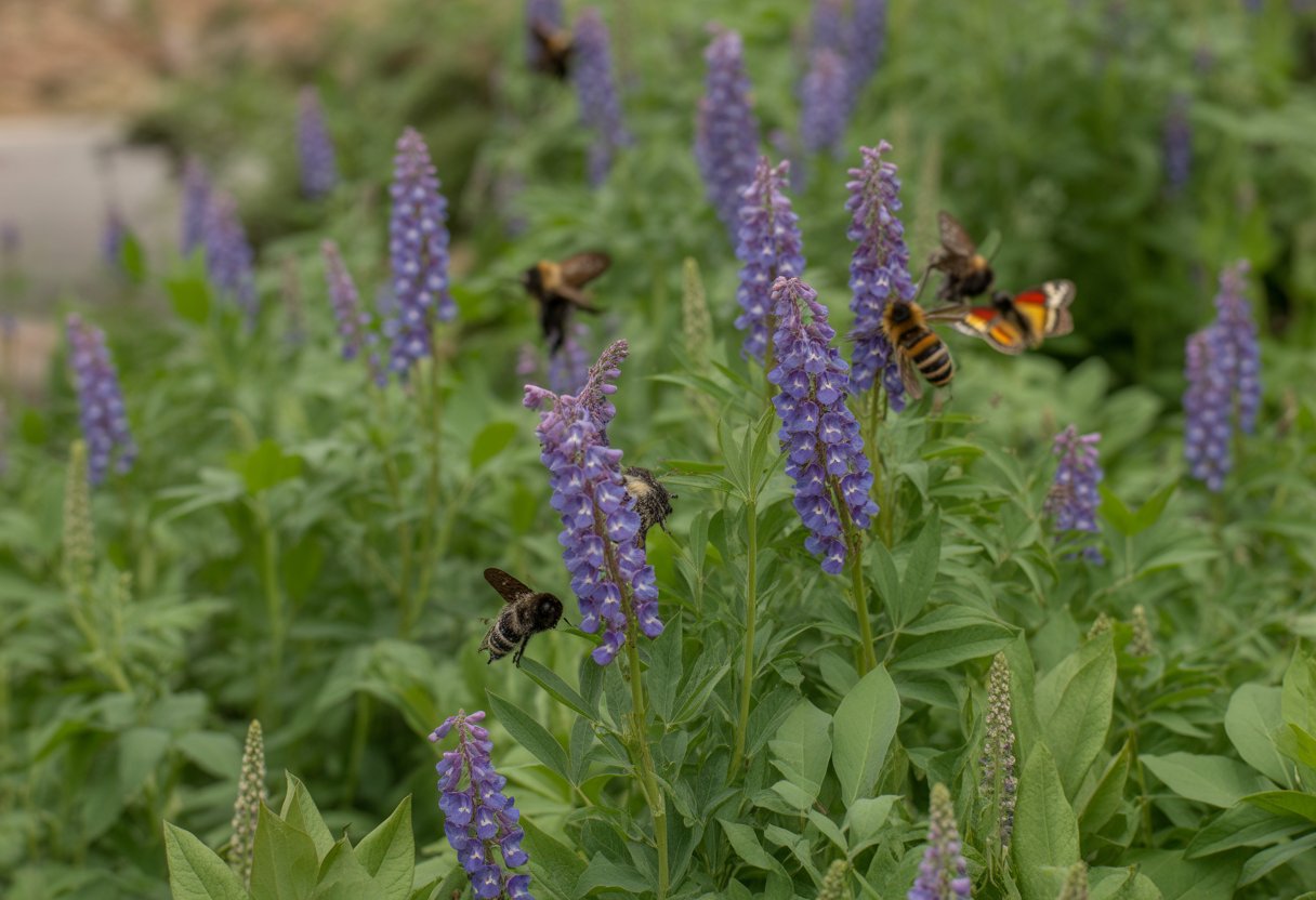 Close-up of native false indigo plants with purple flowers in a garden, surrounded by bees and butterflies.