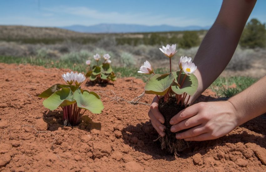 Hands planting bloodroot flowers in reddish soil with desert hills and clear sky in the background.