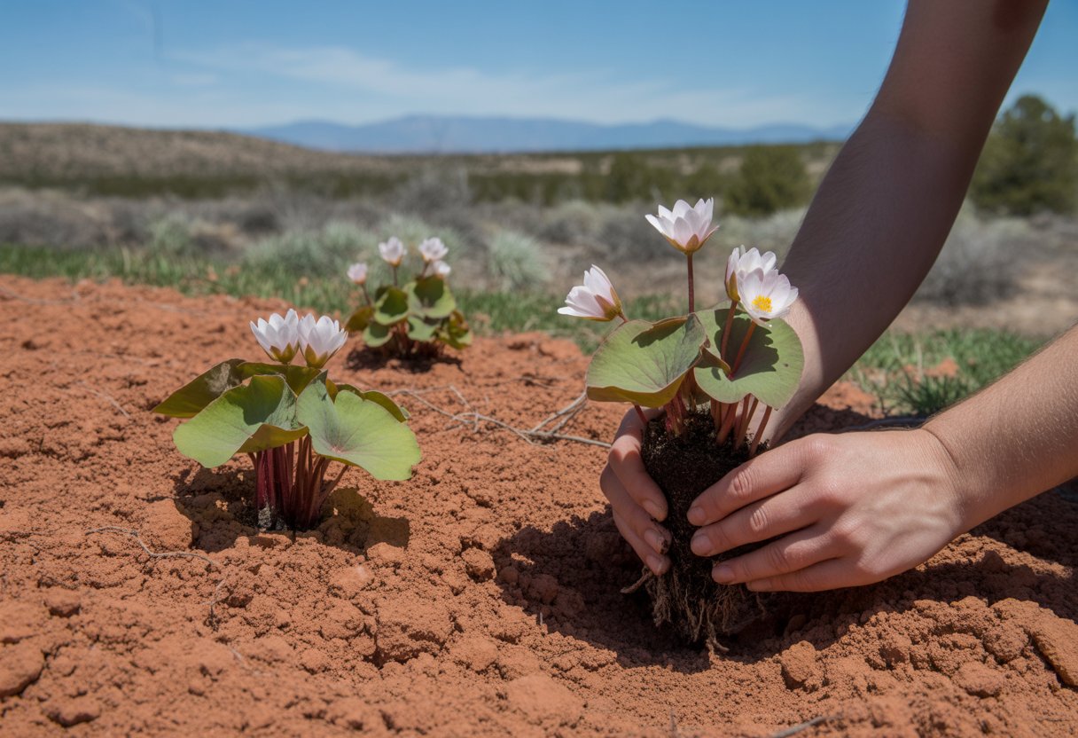 Hands planting bloodroot flowers in reddish soil with desert hills and clear sky in the background.