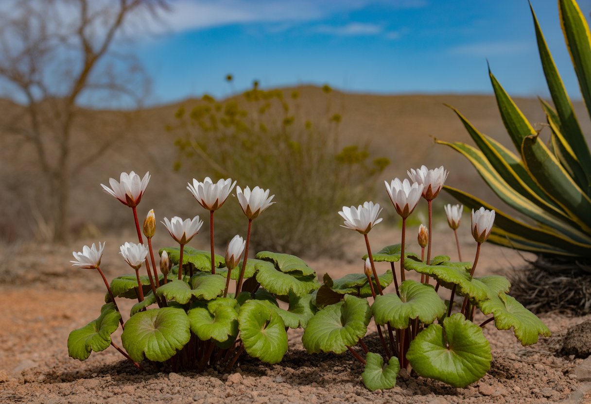 A garden bed in New Mexico with blooming white bloodroot flowers and green leaves under a clear blue sky.