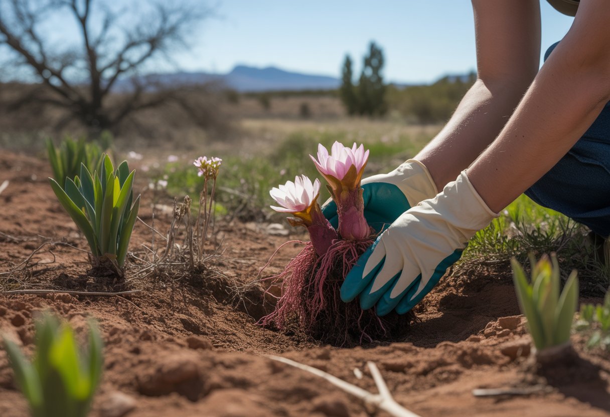 A gardener planting bloodroot rhizomes in moist soil in a New Mexico landscape with early spring vegetation and distant mesas.