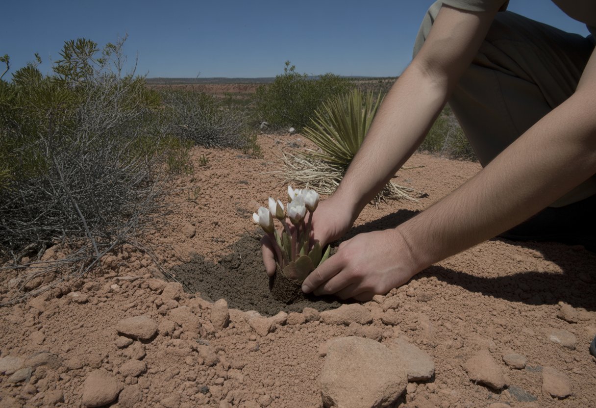 Hands planting a bloodroot seedling in reddish soil with desert plants and mesas in the background.