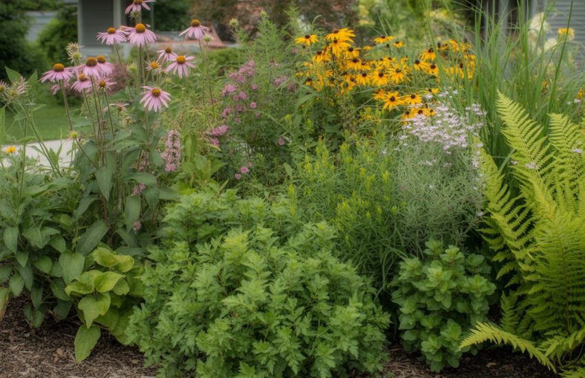A garden bed with various green native plants and colorful flowers growing in natural sunlight.