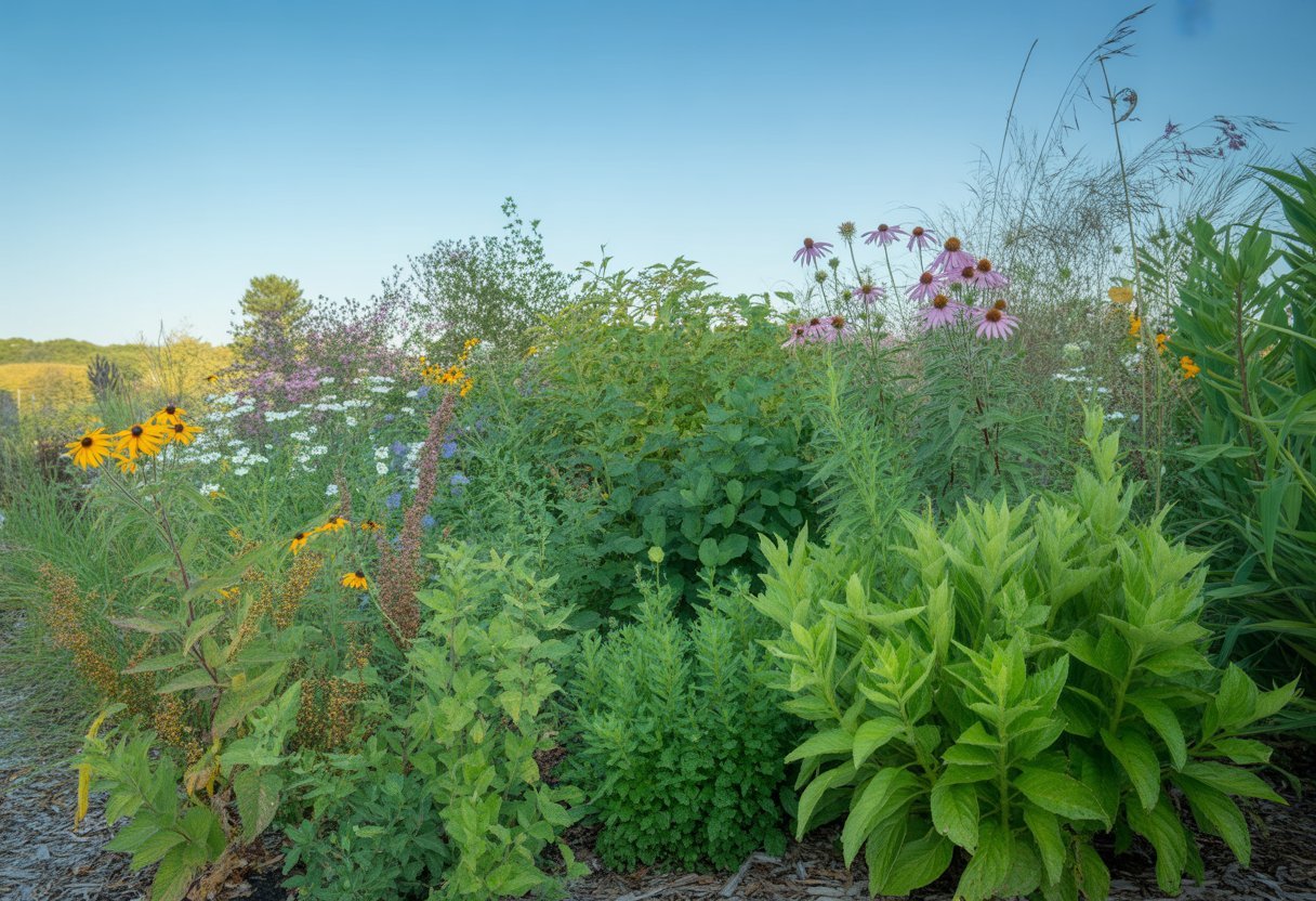 A garden in Massachusetts filled with healthy native plants and colorful wildflowers under a clear blue sky.