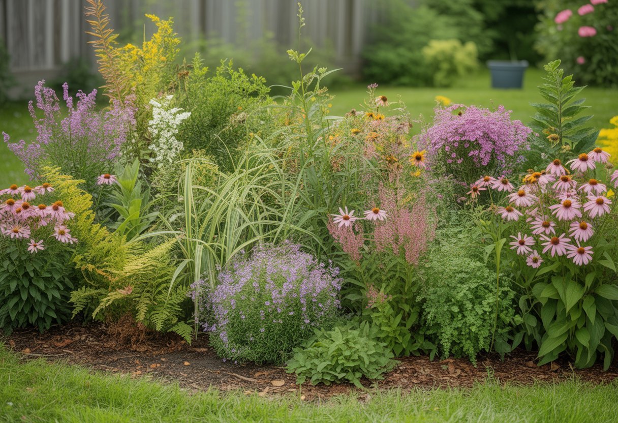 A garden bed filled with various healthy native plants and wildflowers typical of Massachusetts, including purple coneflowers and black-eyed Susans, under bright natural light.