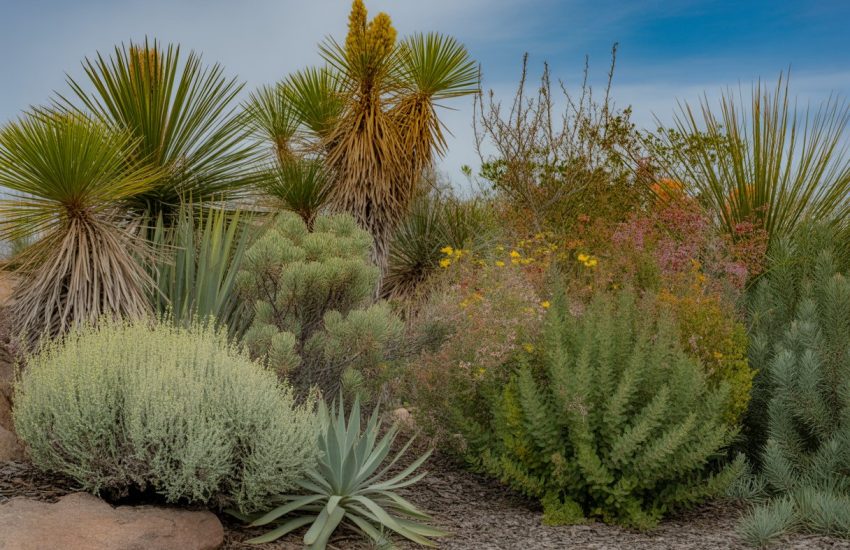 A garden of drought-tolerant native Colorado plants including sagebrush, yucca, rabbitbrush, and wildflowers under a clear blue sky.