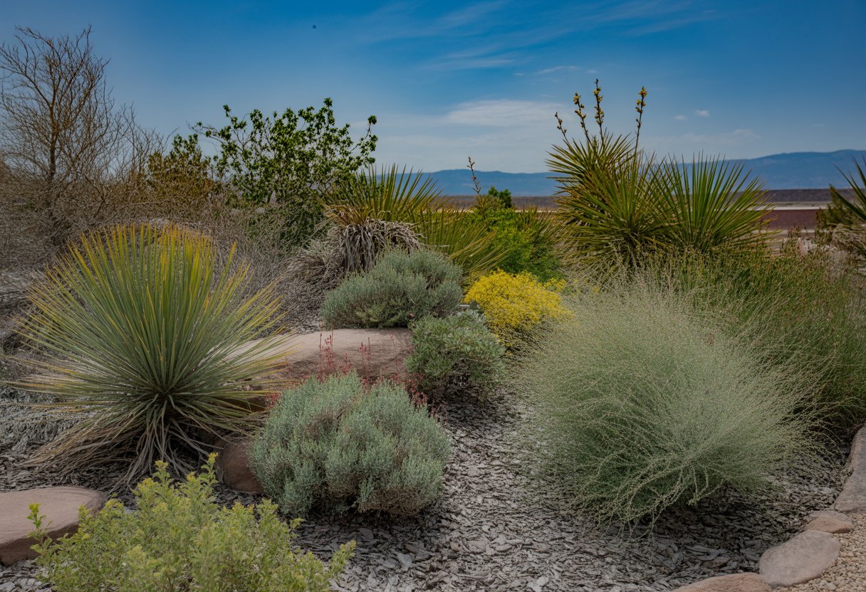 A drought-tolerant landscape with native Colorado plants, rocky soil, and distant mountains under a clear blue sky.