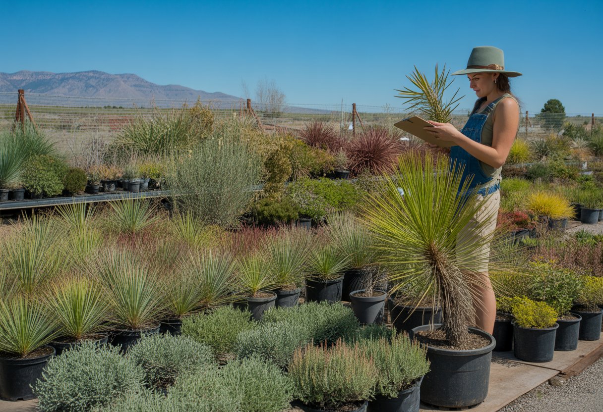 A plant nursery in Colorado with rows of drought-tolerant native plants and a worker inspecting them under a clear blue sky with mountains in the background.
