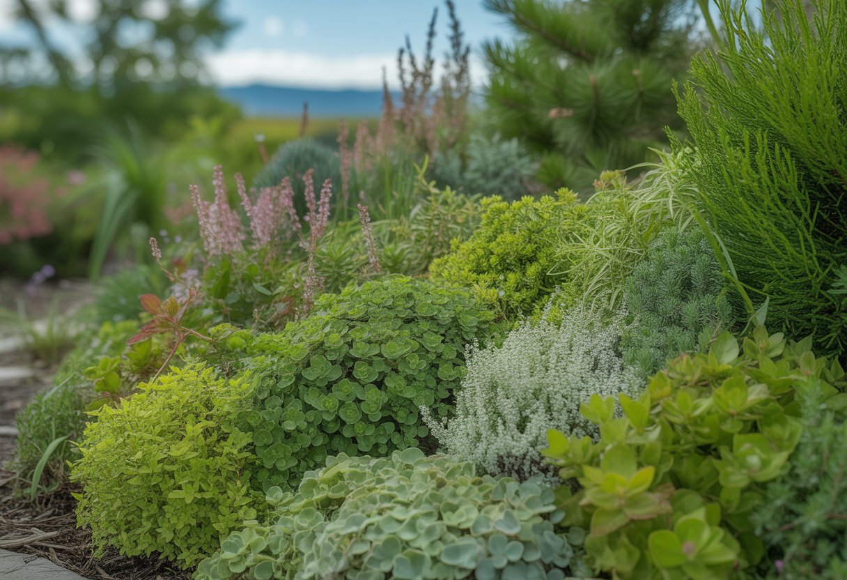 A garden bed with various green ground cover plants growing densely under sunlight in an outdoor setting.