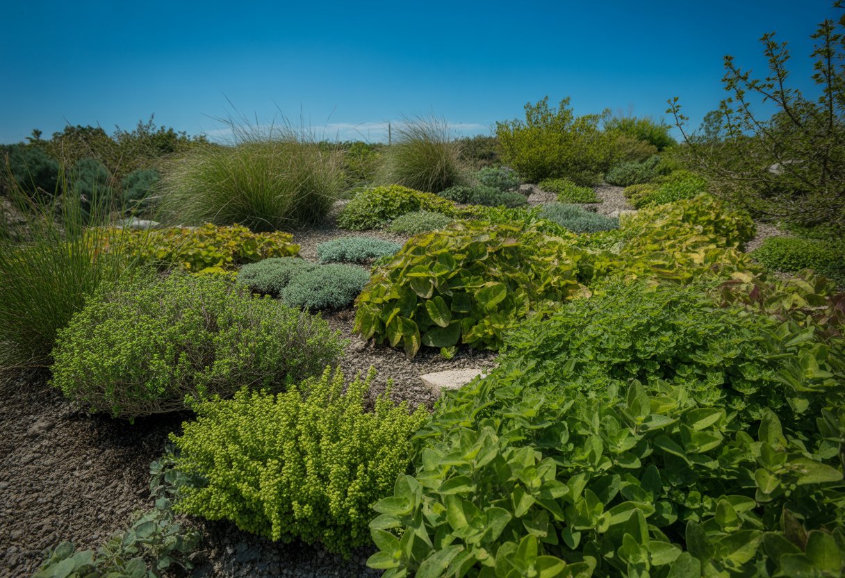 A landscaped garden area with various green ground cover plants and native grasses under a clear sky.