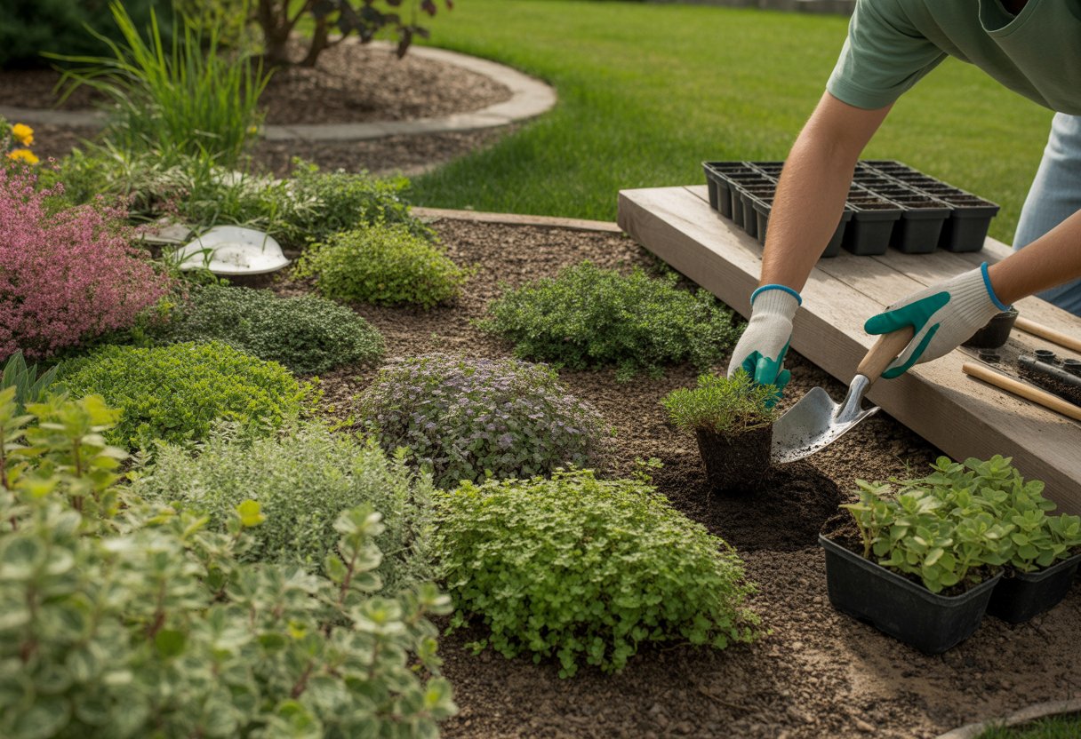 A gardener planting and tending to various ground cover plants in a lush garden bed with gardening tools nearby.