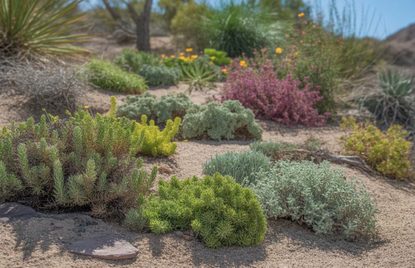 A sunlit desert garden with various low-growing ground cover plants thriving among sandy soil and rocks under a clear blue sky.