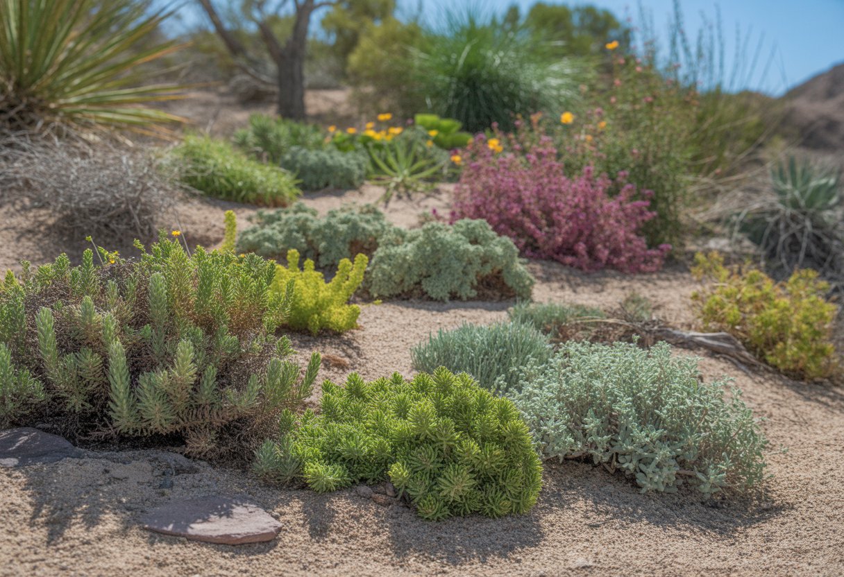 A sunlit desert garden with various low-growing ground cover plants thriving among sandy soil and rocks under a clear blue sky.