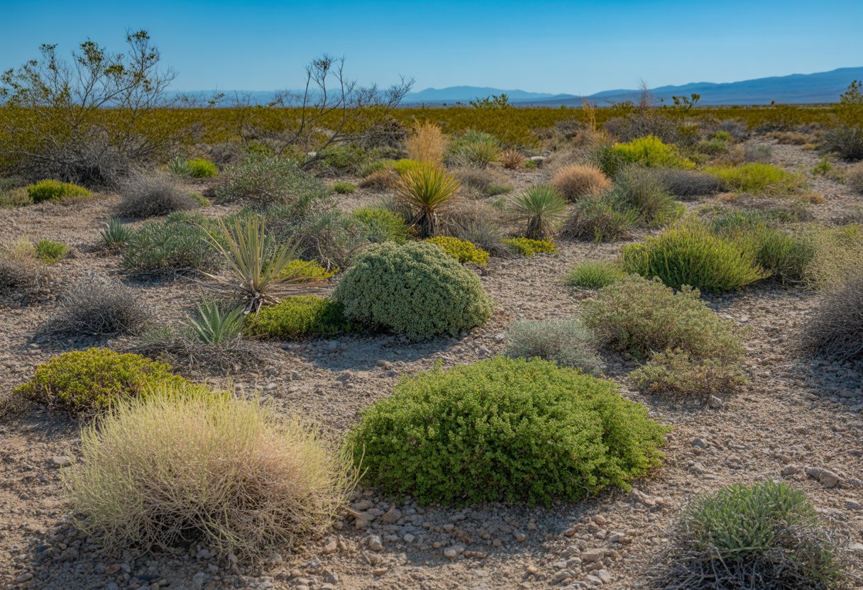 A variety of drought-tolerant ground cover plants growing on dry, rocky soil with mountains and a clear blue sky in the background.