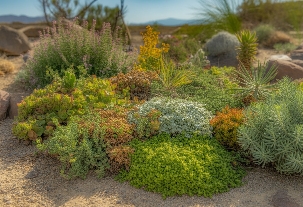 A variety of green and flowering ground cover plants growing on rocky soil in a Nevada garden with distant mountains and clear sky in the background.