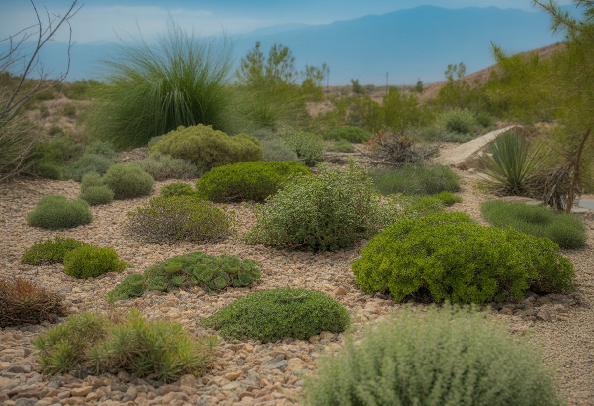 A garden area in Nevada with healthy ground cover plants growing on rocky, sandy soil under a clear blue sky with distant desert mountains.