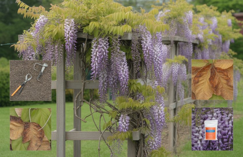 A wisteria vine on a wooden trellis showing healthy purple flowers alongside yellowing and wilted leaves, with gardening tools nearby suggesting plant care.