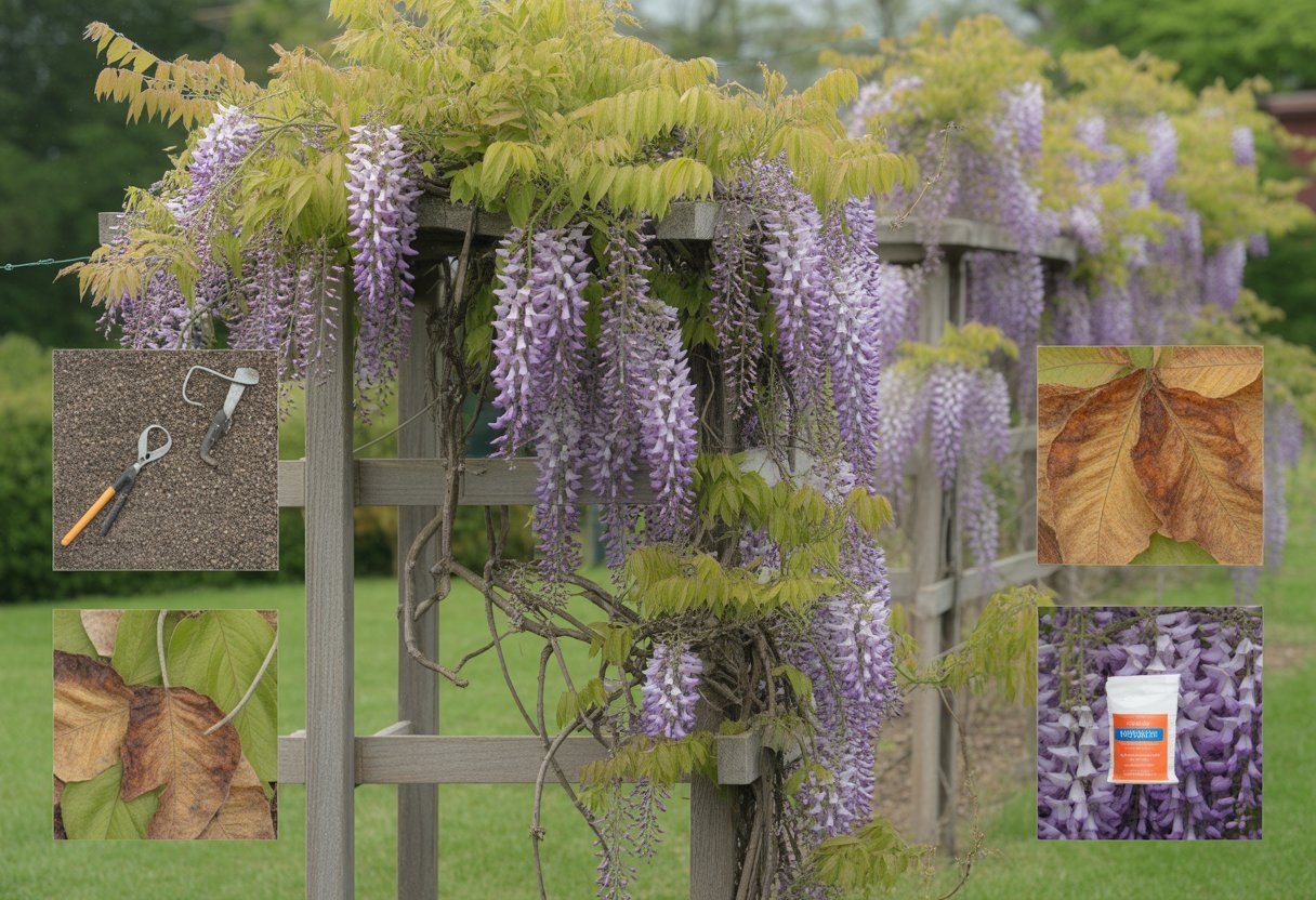 A wisteria vine on a wooden trellis showing healthy purple flowers alongside yellowing and wilted leaves, with gardening tools nearby suggesting plant care.