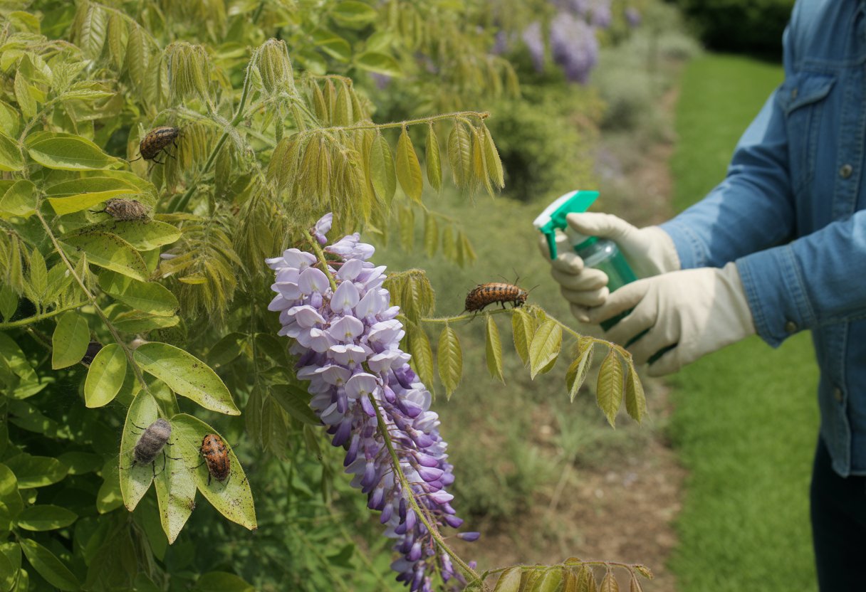 A gardener inspecting a wisteria plant showing some pests and leaf damage in a sunny garden.