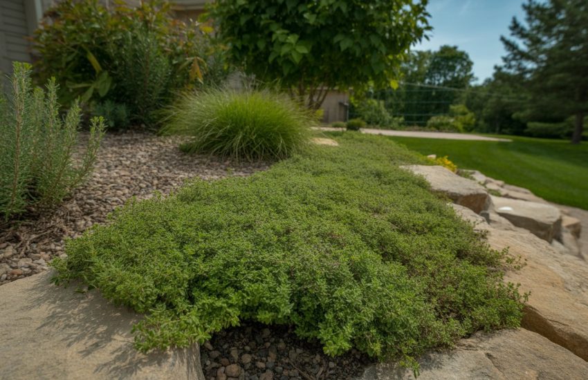 A garden bed in Wisconsin with native thyme plants growing among rocks and other native vegetation under a clear sky.