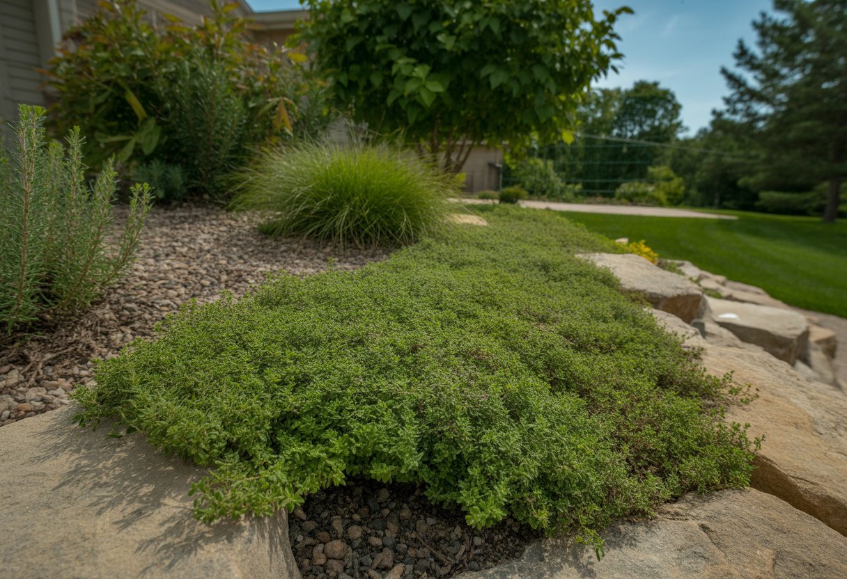 A garden bed in Wisconsin with native thyme plants growing among rocks and other native vegetation under a clear sky.