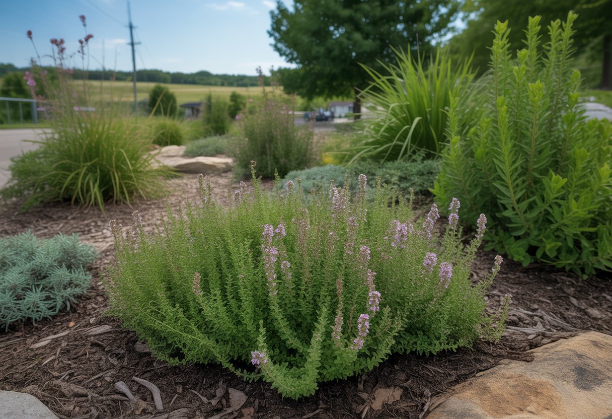 A sunny garden bed in Wisconsin with green native thyme plants and small purple flowers surrounded by natural rocks and plants under a clear blue sky.