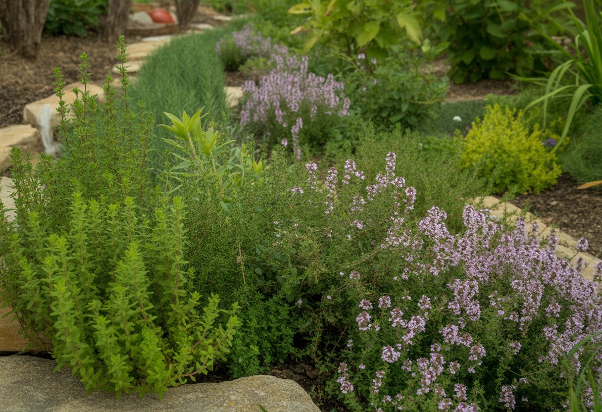 A garden with several varieties of thyme plants growing along stone-bordered beds in a Wisconsin garden.