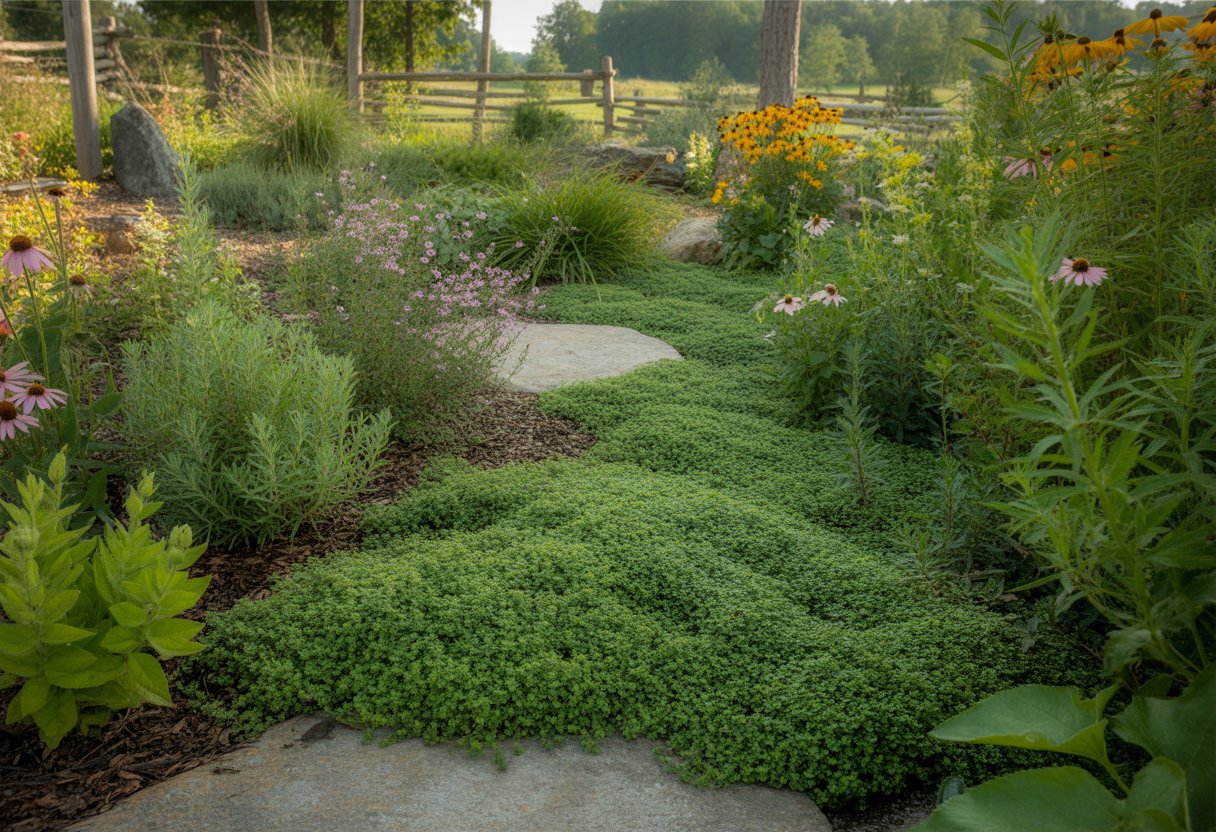A garden with native thyme growing alongside flowering plants and natural stone pathways under sunlight, with trees and a wooden fence in the background.