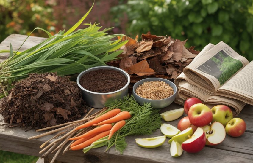 An assortment of compost materials including grass clippings, dried leaves, vegetable scraps, coffee grounds, and twigs arranged on a wooden table outdoors with a garden background.