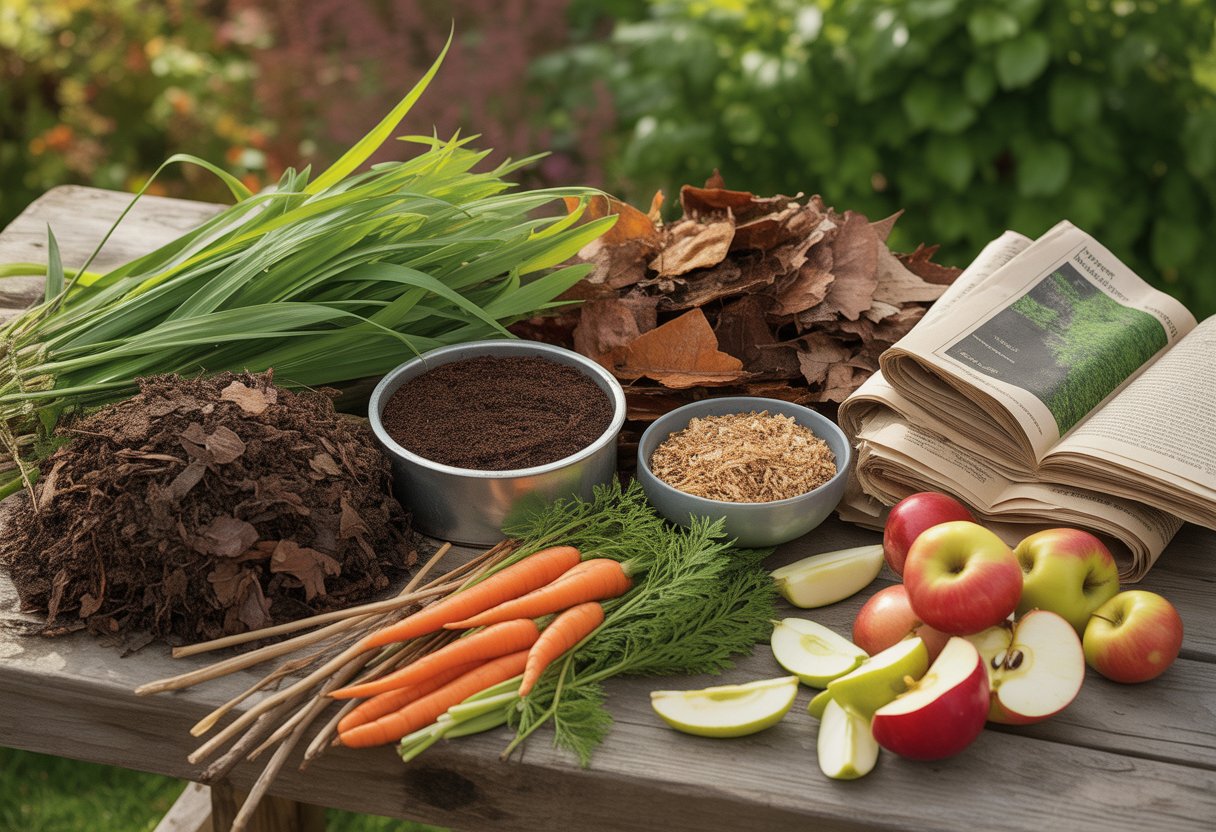 An assortment of compost materials including grass clippings, dried leaves, vegetable scraps, coffee grounds, and twigs arranged on a wooden table outdoors with a garden background.
