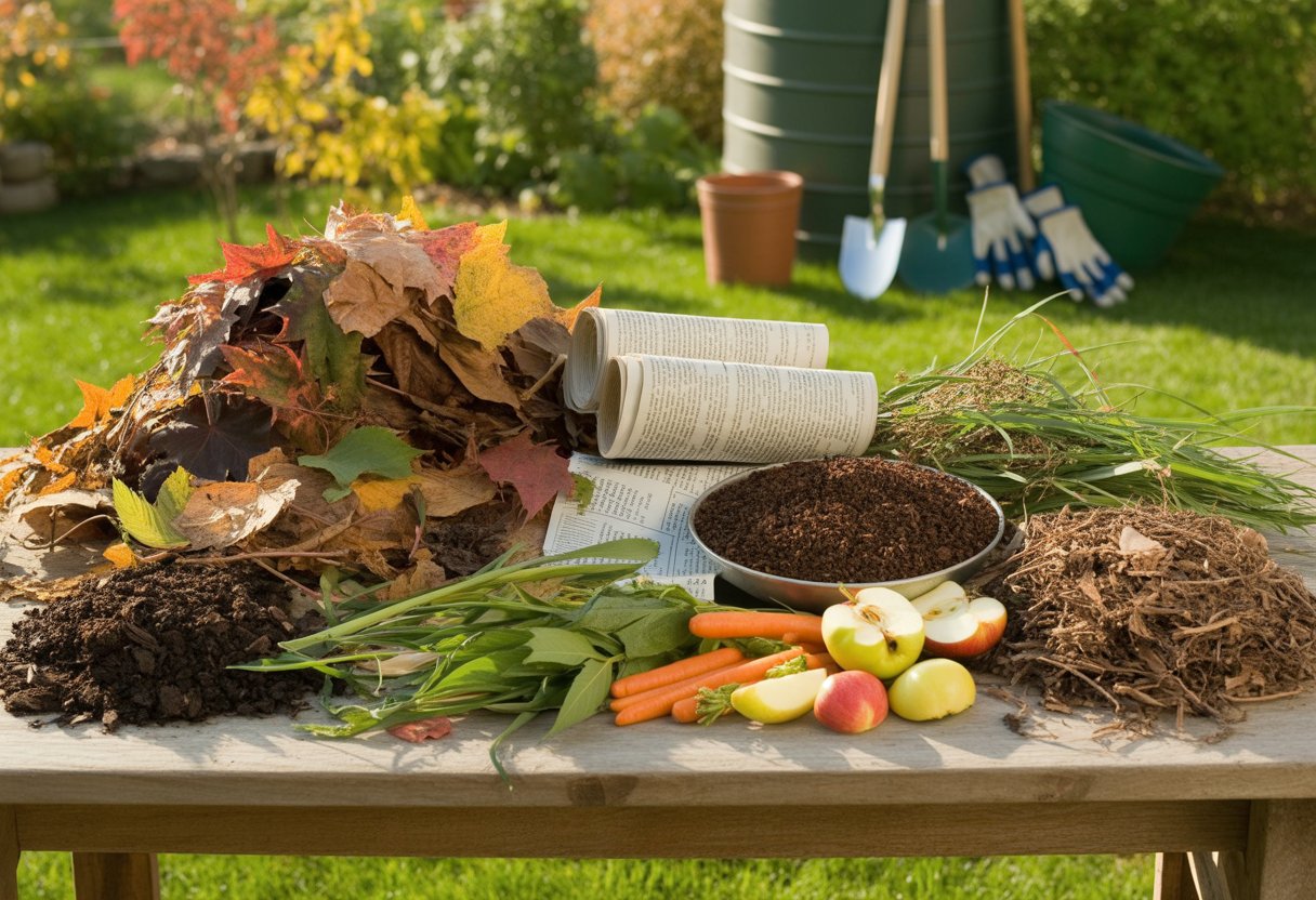 A table outdoors with various compost materials like fall leaves, vegetable scraps, coffee grounds, grass clippings, and twigs, with a garden and compost bin in the background.