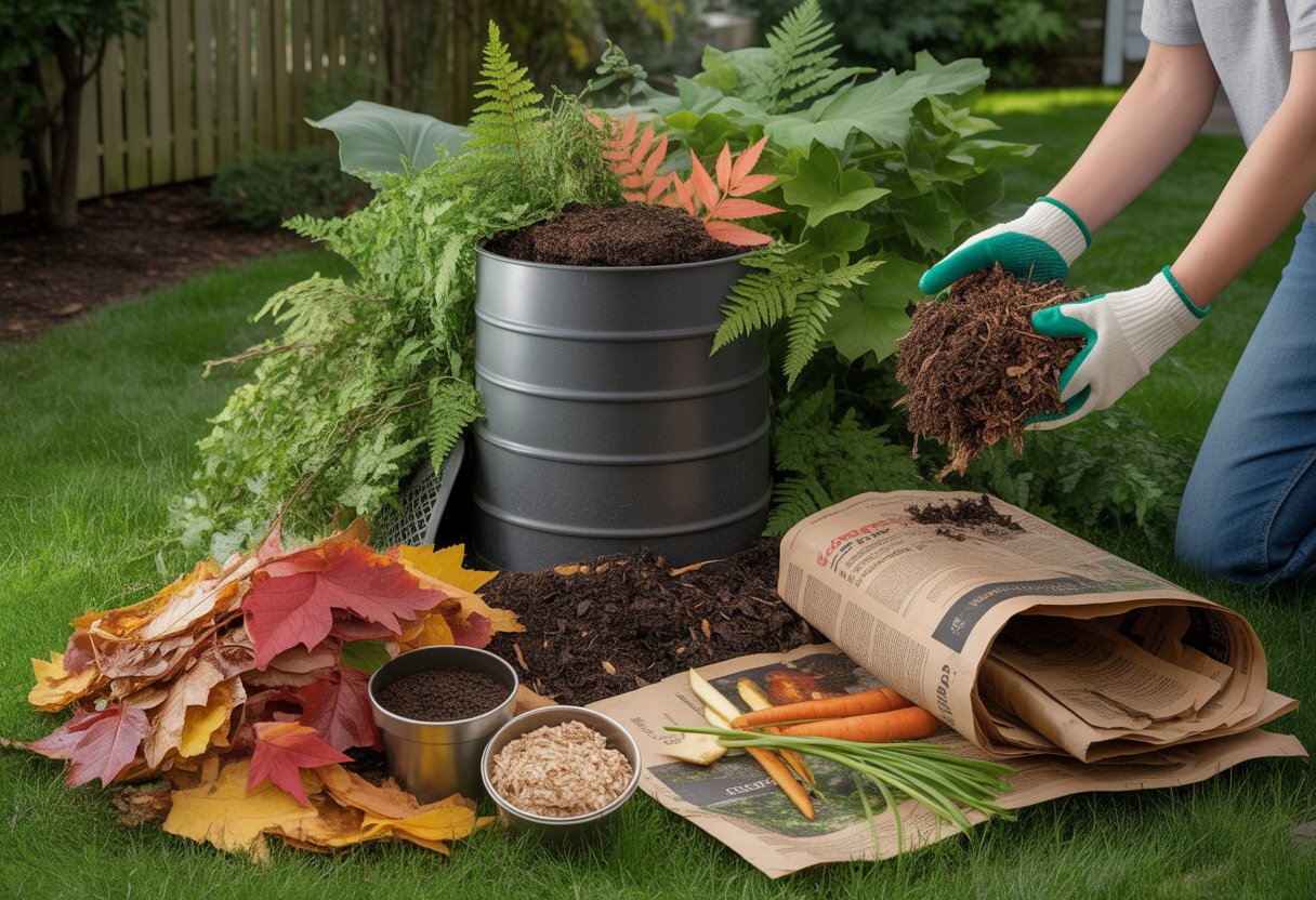 A person adding organic materials like leaves and vegetable scraps to a backyard compost bin surrounded by green plants and a wooden fence.