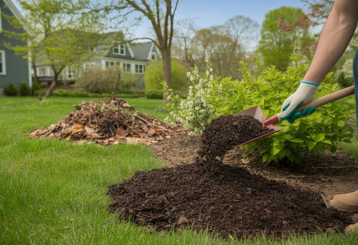 A gardener spreading dark finished compost around plants in a green Massachusetts garden with houses and trees in the background.